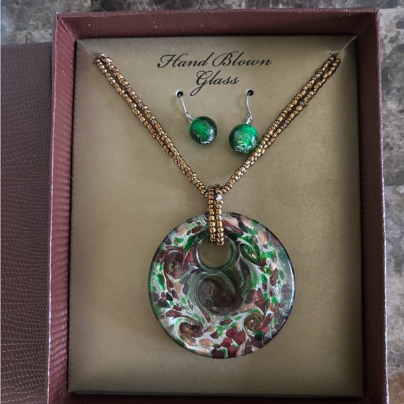 Hand Blown Glass Necklace Earrings Set Circle Multicolor Jewelry Accessory New - Picture 1 of 4